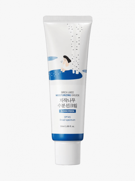 Round Lab Birch Moisturizing Sunscreen UVLock SPF 45+ in branded component on a light gray background
