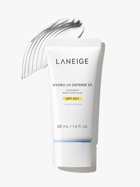 A white tube of Laneige Hydro UV Defense Sunscreen SPF 50+ on a light gray background