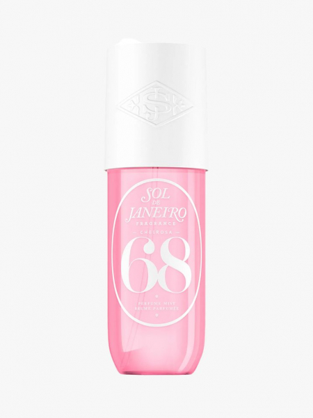 A pink fragrance bottle with a white lid and lettering