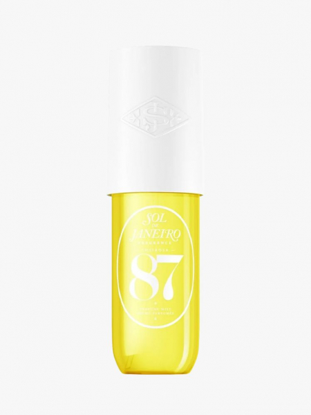 A yellow fragrance bottle with a white cap and lettering
