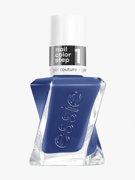Essie Gel Couture Longwear Nail Polish twisted bottle of blue nail polish on light gray background