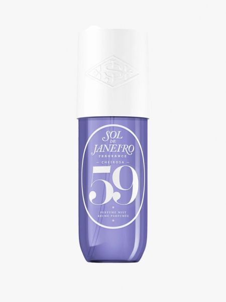 A purple fragrance bottle with a white cap and lettering
