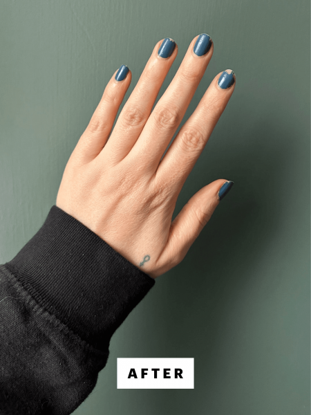 Hand shot of McGrath seven days after applying the Essie Gel Couture Nail Polish