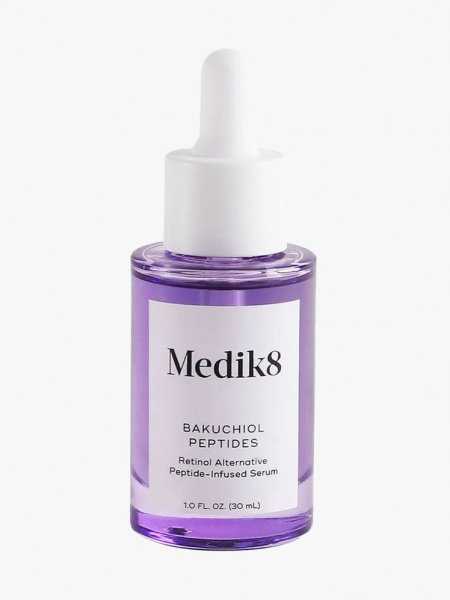 Medik8 Bakuchiol Peptides Serum dropper bottle of purple serum with white label and cap on light gray background