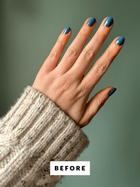 Hand shot of Allure content director Kara McGrath immediately after applying the Essie Gel Couture Nail Polish